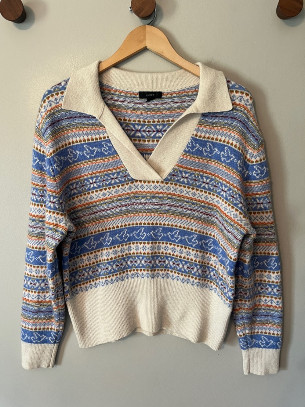 J. Crew Collared Fair Isle Sweater‎ Doves Size Medum Lambswool Blend